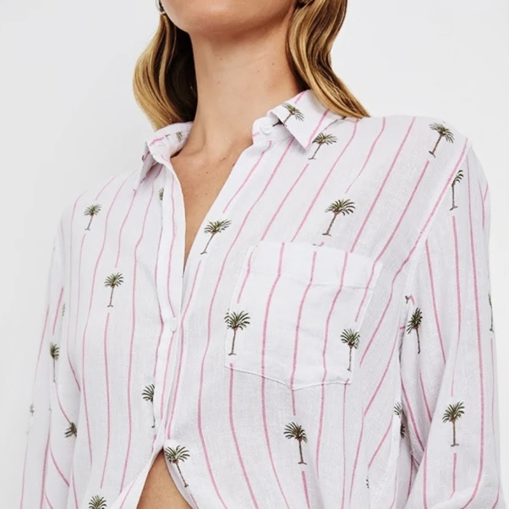 Rails Charli L/S Button Down Linen Shirt In Pink Palm Tree Stripe Size Small EUC - Picture 2 of 10